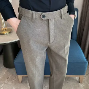 Bonsir Winter Thickened Woolen Suit Pant Mens Casual Straight Trousers Korean Classic Fashion Business Formal Office Social Suit Pants